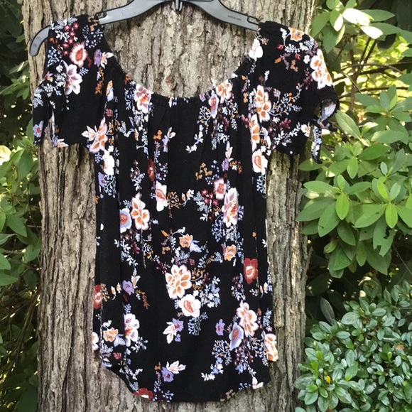 Pink Rose Black Floral Blouse Elastic Neckline Keyhole Tie Sleeves Rounded Hem M - Picture 2 of 13